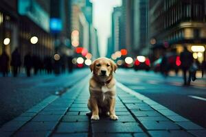 een hond zittend Aan de straat in een stad. ai-gegenereerd foto
