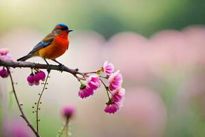 een kleurrijk vogel zit Aan een Afdeling met roze bloemen. ai-gegenereerd foto