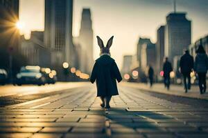 een konijn in een jas wandelen naar beneden een stad straat. ai-gegenereerd foto