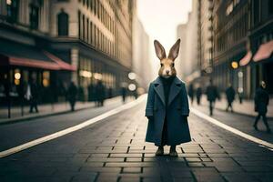 een konijn in een jas staand Aan een straat. ai-gegenereerd foto