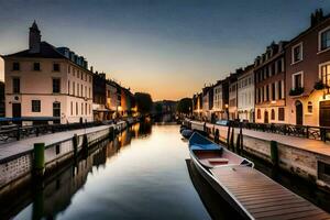 een boot is aangemeerd in een kanaal Bij zonsondergang. ai-gegenereerd foto