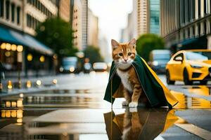 een kat vervelend een kaap Aan een regenachtig straat. ai-gegenereerd foto