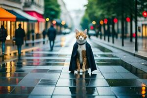 een kat vervelend een kaap wandelingen naar beneden een straat. ai-gegenereerd foto