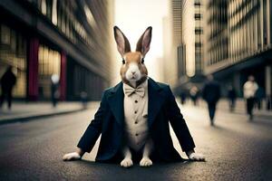 een konijn gekleed in een pak en stropdas zittend Aan de straat. ai-gegenereerd foto