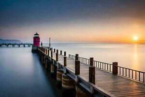 een lang blootstelling fotograaf van een pier met een vuurtoren Bij zonsondergang. ai-gegenereerd foto