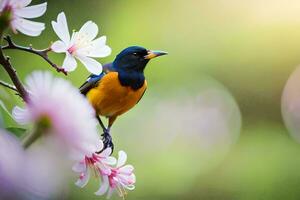 een vogel is neergestreken Aan een Afdeling met roze bloemen. ai-gegenereerd foto