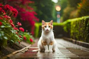 een kat zittend Aan een steen loopbrug in voorkant van bloemen. ai-gegenereerd foto