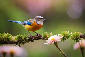 een klein vogel is neergestreken Aan een Afdeling met bloemen. ai-gegenereerd foto