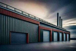 een groot industrieel gebouw met twee garage deuren. ai-gegenereerd foto