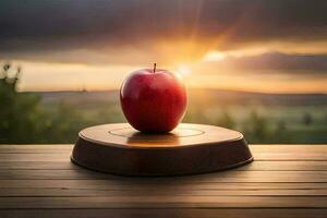 een appel Aan een houten tafel met de zon instelling achter het. ai-gegenereerd foto