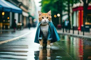 een kat vervelend een blauw jas staand Aan een nat straat. ai-gegenereerd foto