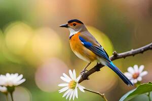 een klein vogel is zittend Aan een Afdeling met bloemen. ai-gegenereerd foto