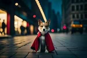 een hond vervelend een rood kaap Aan een stad straat. ai-gegenereerd foto