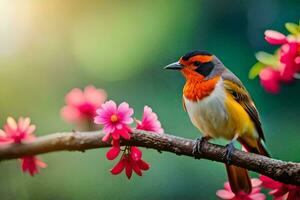 een vogel zittend Aan een Afdeling met roze bloemen. ai-gegenereerd foto