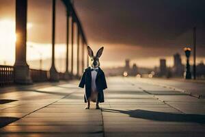 een konijn in een smoking staand Aan een brug. ai-gegenereerd foto
