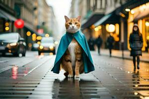 een kat vervelend een kaap wandelingen naar beneden een straat. ai-gegenereerd foto