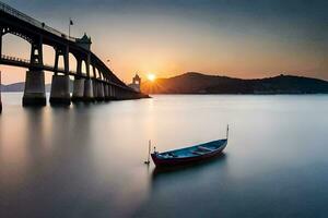 een boot zit Aan de water onder een brug Bij zonsondergang. ai-gegenereerd foto