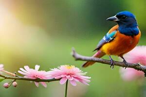 een kleurrijk vogel zit Aan een Afdeling met roze bloemen. ai-gegenereerd foto