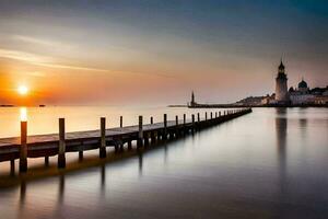 foto behang de lucht, water, zee, pier, vuurtoren, de zon, de zee,. ai-gegenereerd