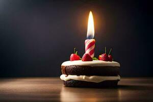 een klein verjaardag taart met een single kaars. ai-gegenereerd foto