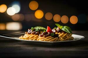 een bord van pasta met saus en groenten. ai-gegenereerd foto