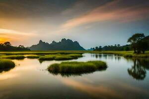 de zon sets over- een rivier- en bergen in Thailand. ai-gegenereerd foto