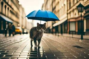 een kat wandelen Aan een straat met een paraplu. ai-gegenereerd foto