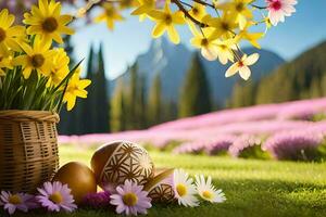 Pasen eieren in een mand Aan een veld- met bloemen. ai-gegenereerd foto