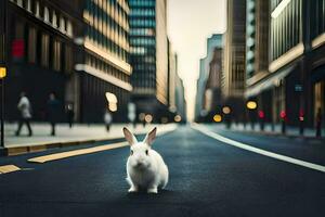 een wit konijn is staand in de midden- van een stad straat. ai-gegenereerd foto