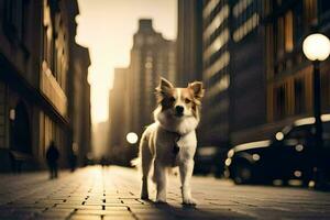 een hond wandelen naar beneden een stad straat Bij schemering. ai-gegenereerd foto