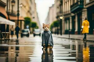 een kat in een regenjas staand Aan een nat straat. ai-gegenereerd foto