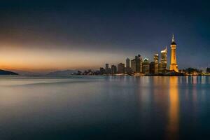 de stad horizon Bij schemer in hong kong. ai-gegenereerd foto