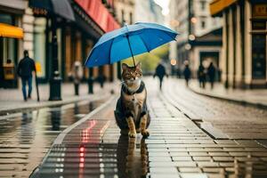 een kat wandelen Aan een nat straat met een paraplu. ai-gegenereerd foto