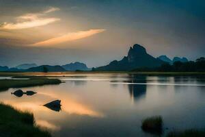 de zon sets over- een berg reeks en een rivier. ai-gegenereerd foto