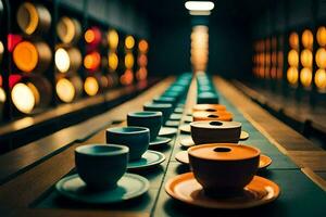 een rij van koffie cups en schoteltjes Aan een tafel. ai-gegenereerd foto