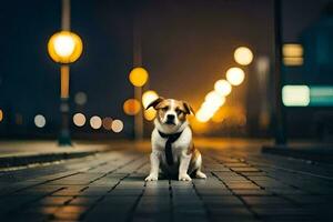 een hond zittend Aan de straat Bij nacht. ai-gegenereerd foto