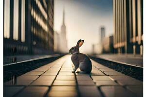 een konijn zittend Aan de sporen in voorkant van hoog gebouwen. ai-gegenereerd foto