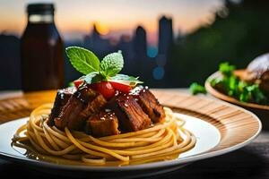 spaghetti met vlees en tomaat saus Aan een bord. ai-gegenereerd foto