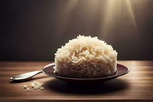 een kom van rijst- Aan een tafel. ai-gegenereerd foto