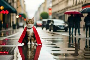 een kat vervelend een rood kaap Aan een regenachtig straat. ai-gegenereerd foto