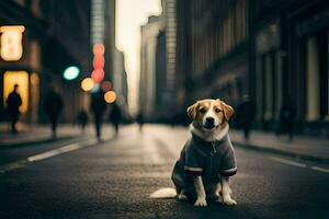 een hond vervelend een trui zit Aan de straat. ai-gegenereerd foto