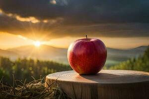 de appel, zonsondergang, bergen, appel, fruit, hd behang. ai-gegenereerd foto