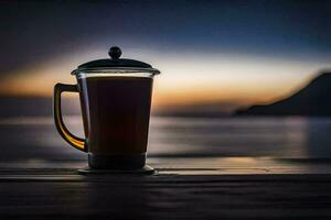 een koffie kop zittend Aan een tafel in voorkant van de oceaan. ai-gegenereerd foto