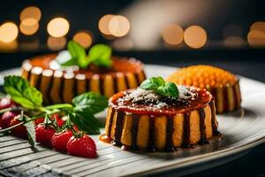 drie desserts Aan een bord met kaarsen in de achtergrond. ai-gegenereerd foto