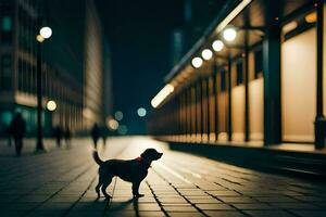 een hond is staand in de midden- van een stad straat Bij nacht. ai-gegenereerd foto