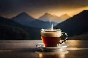 een kop van koffie Aan een tafel in voorkant van bergen. ai-gegenereerd foto
