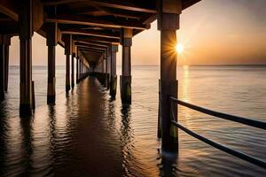 de zon is instelling achter een pier Bij de strand. ai-gegenereerd foto