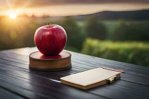 een rood appel Aan een houten tafel met een kladblok en pen. ai-gegenereerd foto