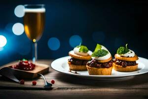 klein desserts Aan een bord met een glas van Champagne. ai-gegenereerd foto