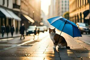 een kat is staand Aan een straat met een paraplu. ai-gegenereerd foto
